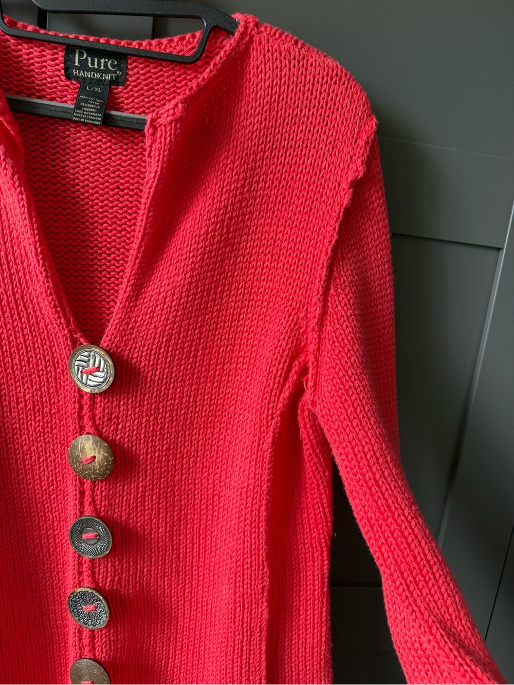 Pure Handknit brand Bright coral Chunky 100% cott Knit Sweater. L 12/14 Canada - Picture 11 of 15